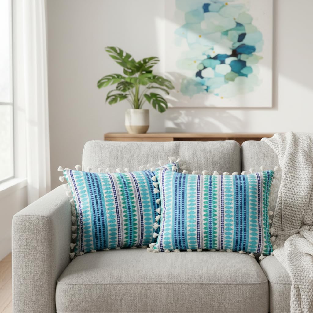 STITCHNEST Geometric Woven Cushion Covers with Tassels | Set of 2 | Turquoise & Blue | 12 x 18 Inches | Decorative Sofa & Living Room Cushion Covers