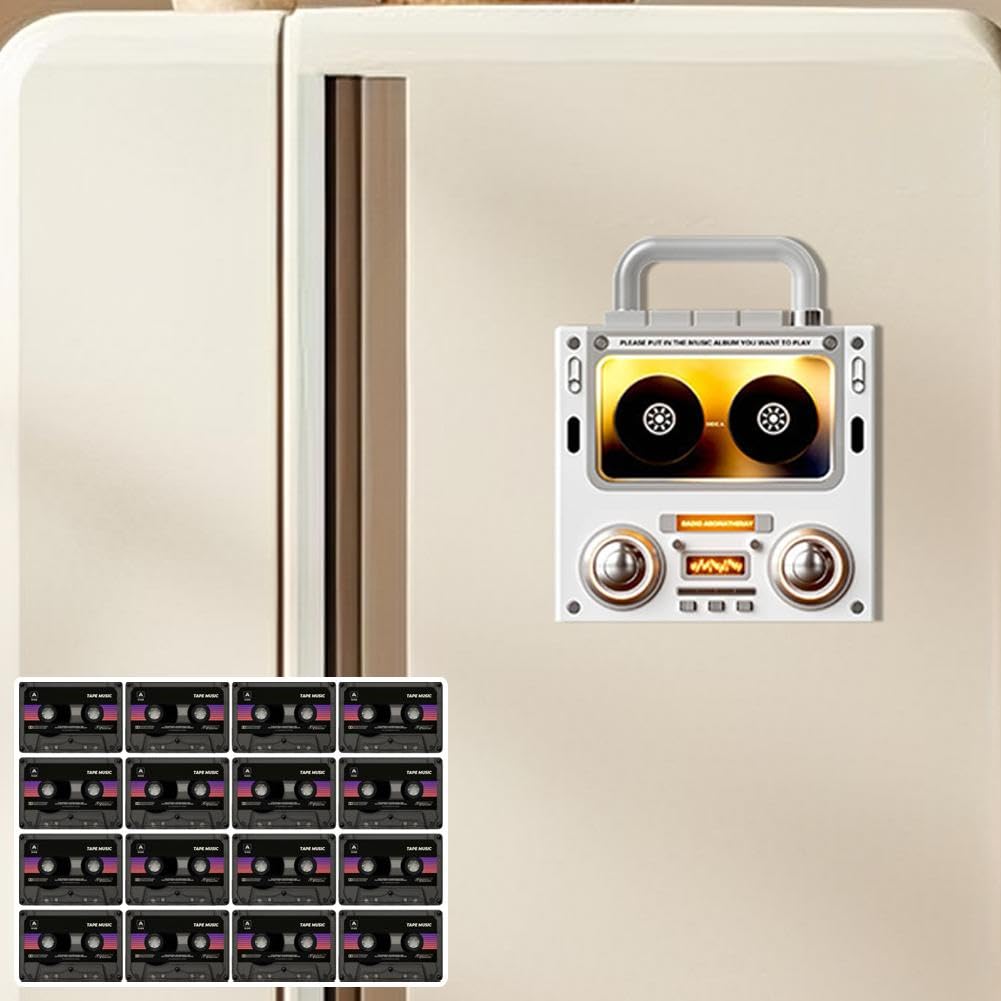 Lot de 17 aimants de réfrigérateur musicaux avec lecteur de cassette rétro, lecteur de disque vinyle à induction NFC, lecteur de musique programmable pour cuisine, bureau, cadeaux de musique uniques