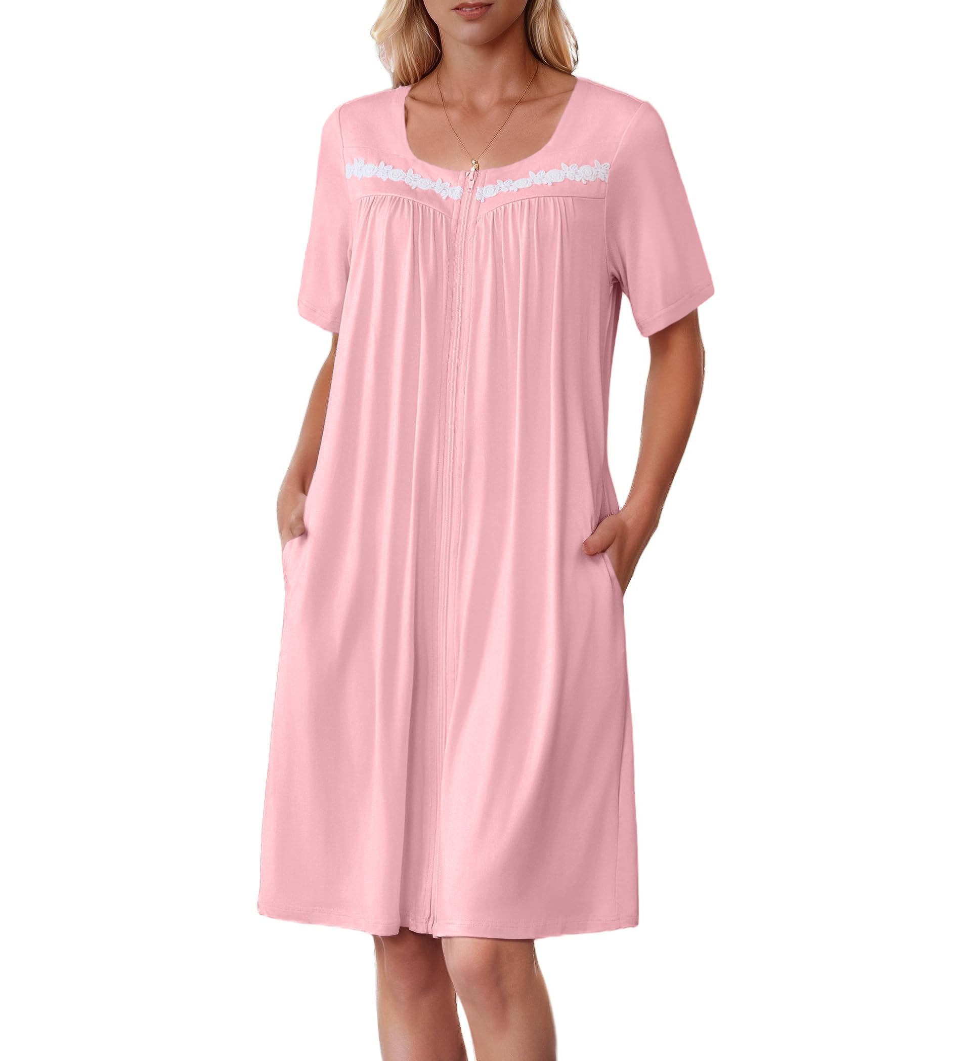Ekouaer Women Zipper Robe Short Sleeves House Coat Zipper Front Bathrobe Sleepwear with Pockets Housecoat Nightgown