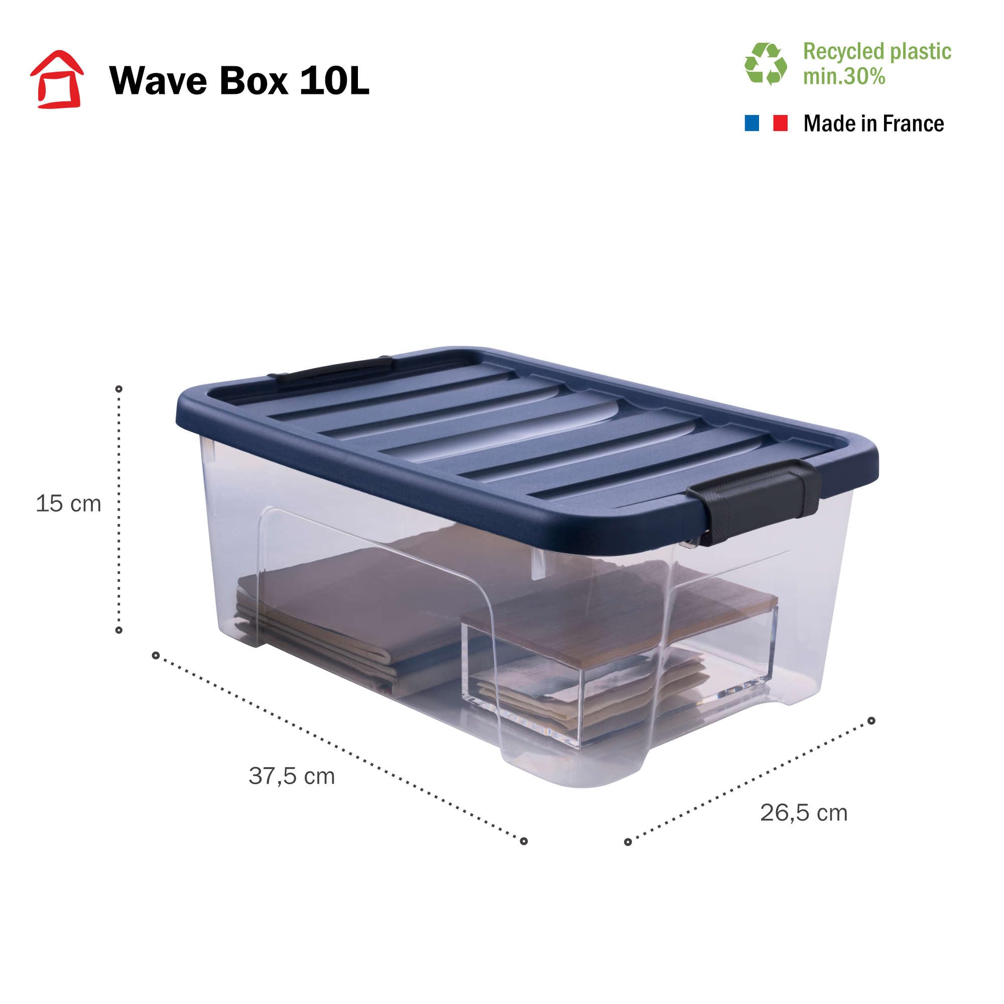 SUNDIS Wave Box, boîte de rangement plastique avec couvercle 10L, lot de 8 | Bac transparent, clips de fermeture, superposable, idéal pour la chambre, les chaussures, le bureau, le bricolage