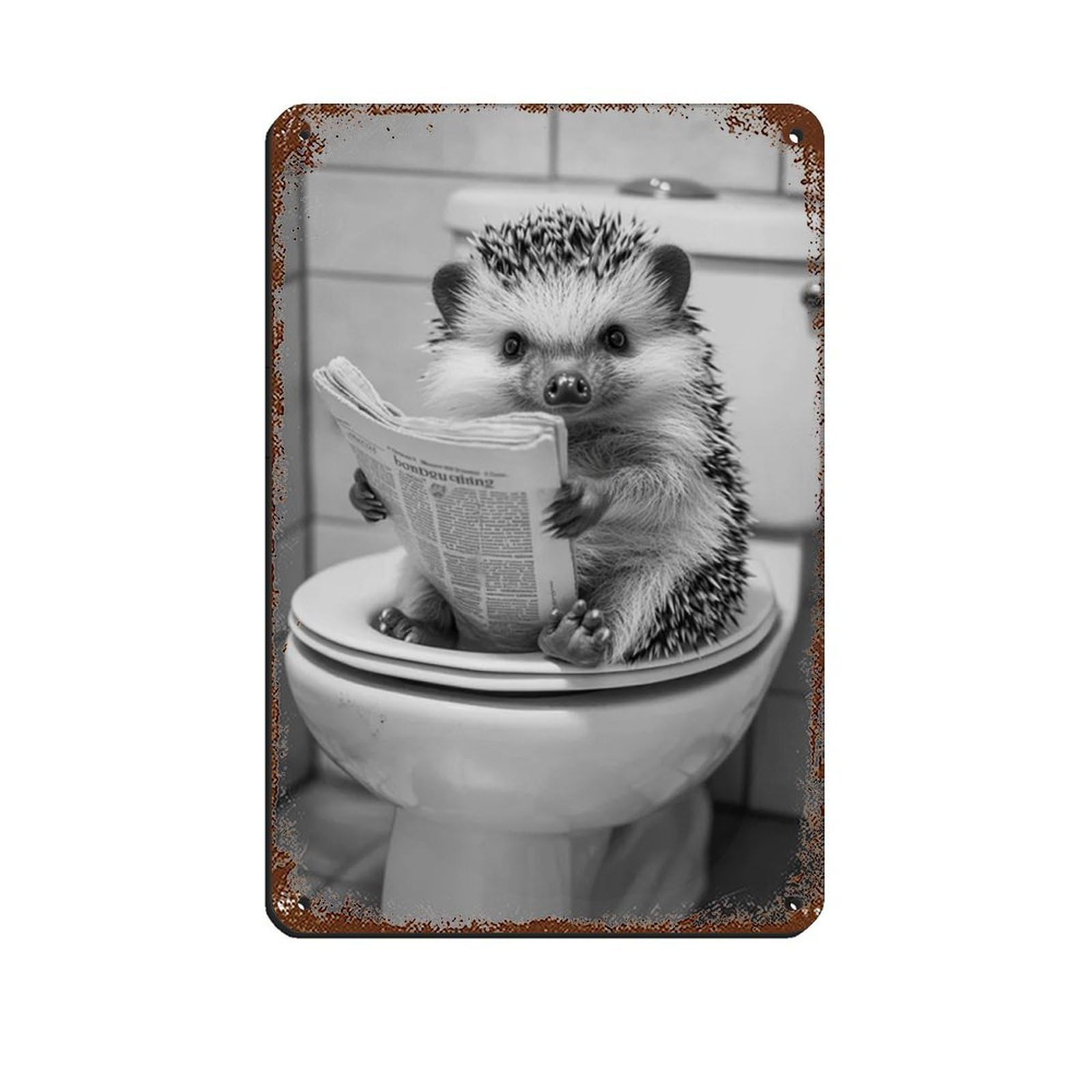 Hedgehog Sitting on The Toilet Reading A Newspaper Retro Poster Metal Tin Sign Chic Art Retro Iron Painting Bar People Cave Cafe Family Garage Poster Wall Decoration 8x12inch(20x30cm)