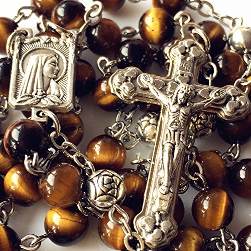 elegantmedical CATHOLIC Tiger Eye & Silver Rose Beads ROSARY CROSS crucifix necklace4