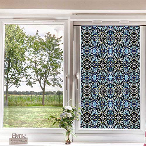 Moroccan Window Film Decorative Window Film,Bohemian Eastern Pattern With Interlacing Lines Historical Roman Influences Frosted Window Glass For Bathroom Kitchen Room Office,Royal Blue 24" X 36" #TOP3