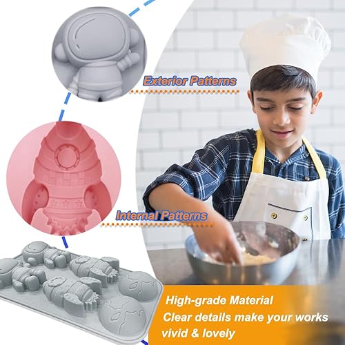 Miniatura 4 de Paquete de 2 moldes de silicona de astronauta Rocket Planet, molde de silicona con 6 cavidades con temática espacial, herramienta de bricolaje para