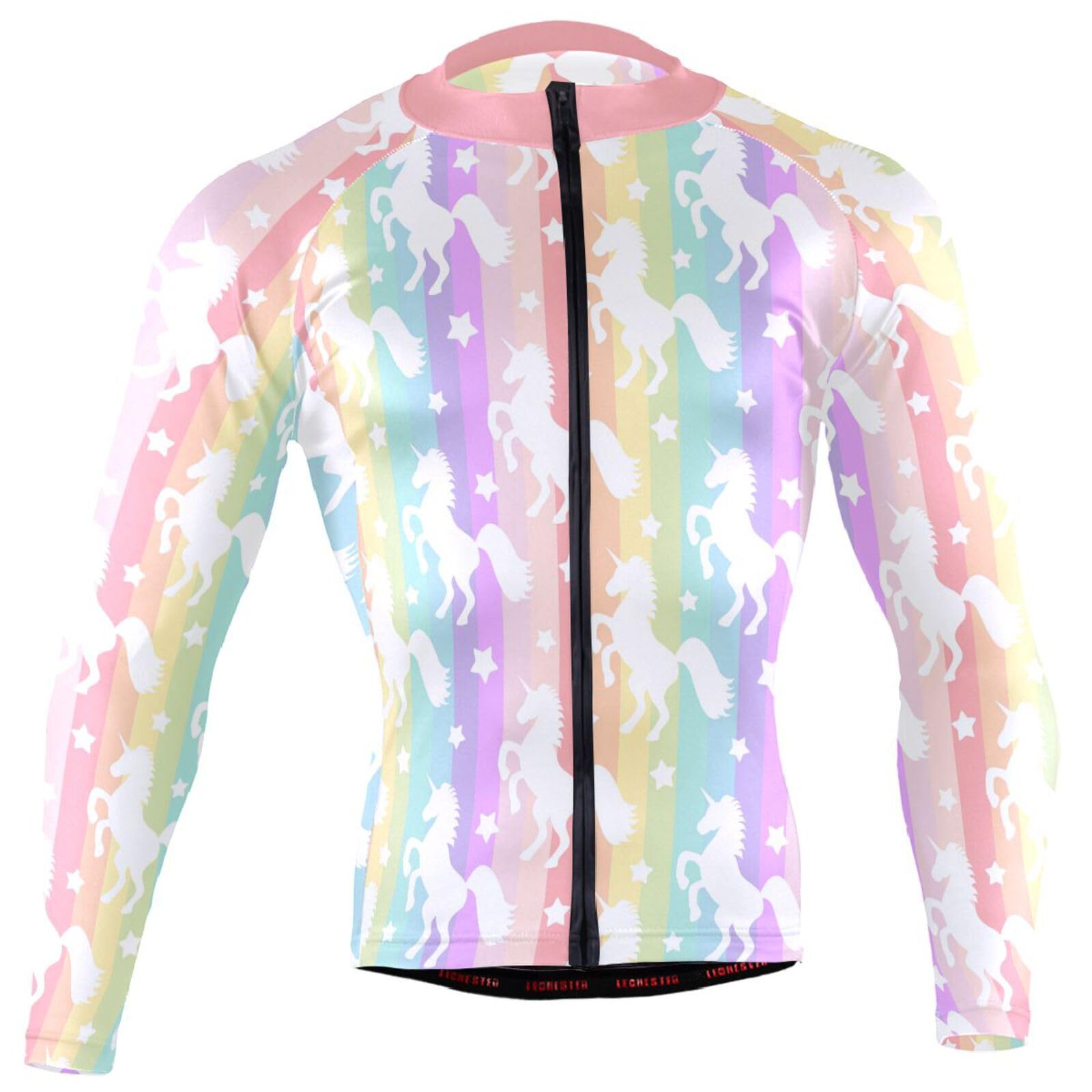 JHKKU Unicorn Rainbow Mens Cycling Jersey Full Zip Long Sleeve Pockets Tops Moisture Wicking, Breathable, Quick Dry Biking Shirt, X-Large