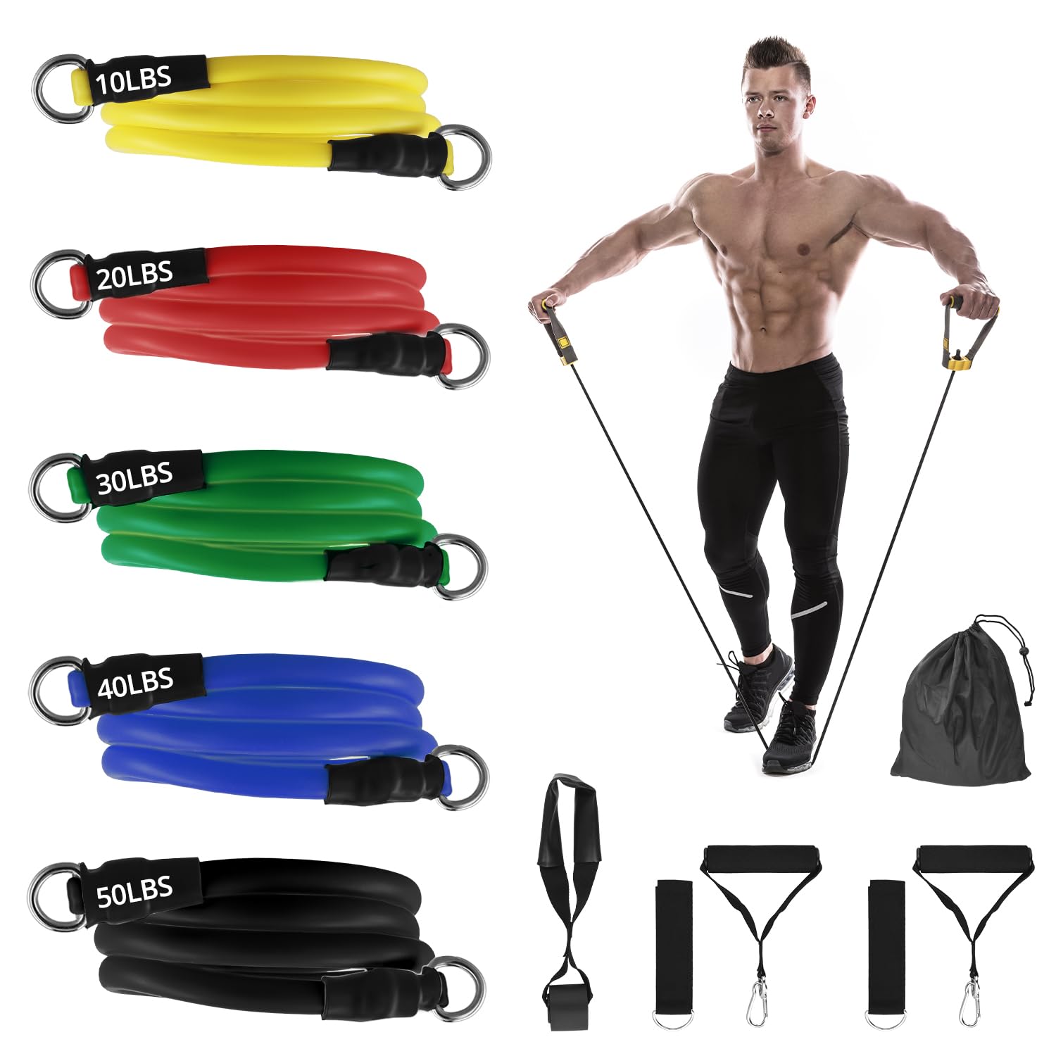 QWORKยฎ 5Pcs Resistance Bands Set, 150LB/68kg Strength, with 2 Foam Handles, 2 Ankle Straps, 1 Door Anchor, for Home Gym Physical Training
