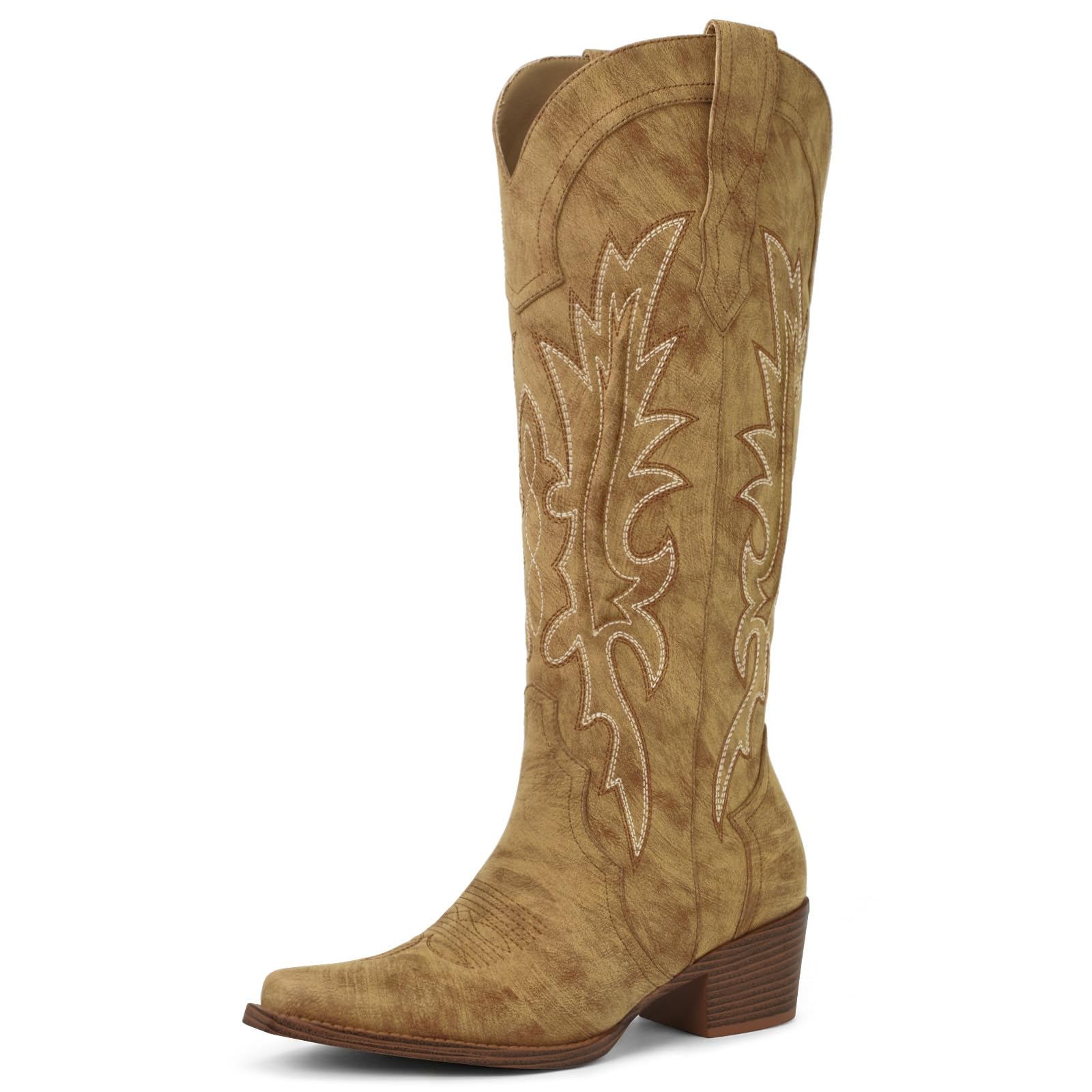 Women's Knee High Cowboy Boots with Chunky Heel Pointed Toe Western Boots
