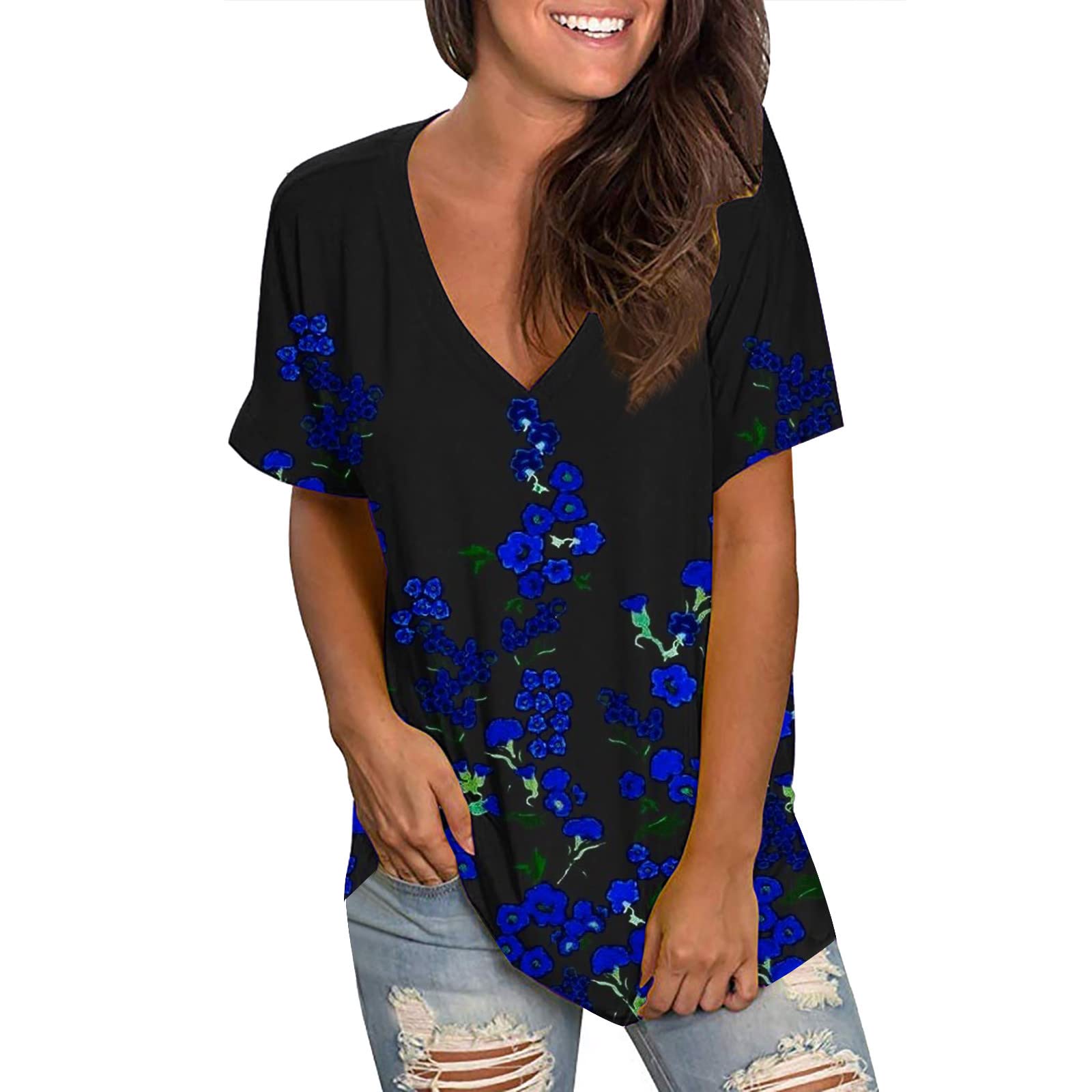 Womens Casual V Neck Loose Floral Print Short Sleeve Shirt Top T Shirt Athletic Top