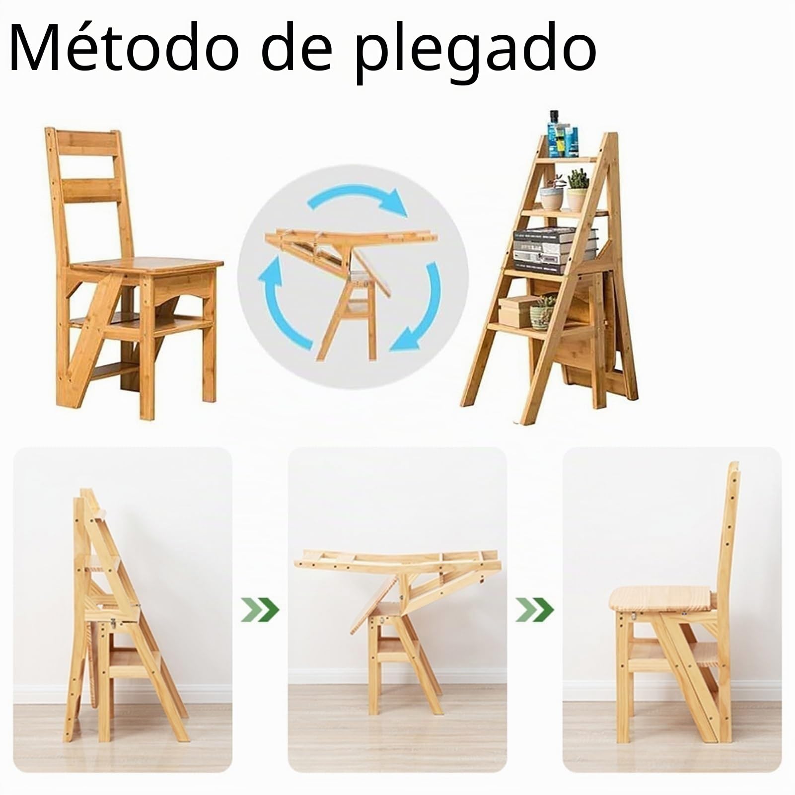 Silla plegable de 4 niveles, taburete convertible de madera, escalera y asiento 2 en 1, plegable, multiusos para el hogar, cocina, oficina, sala de estar (marrón, 39 x 46 x 90 cm)