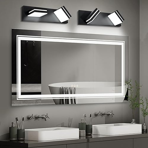 Miniatura 6 de OKELI Lámpara de tocador de baño negra con 2 luces sobre el espejo, moderna, LED, regulable, lámpara de baño, cabezal giratorio de 350, 16 W, 6000