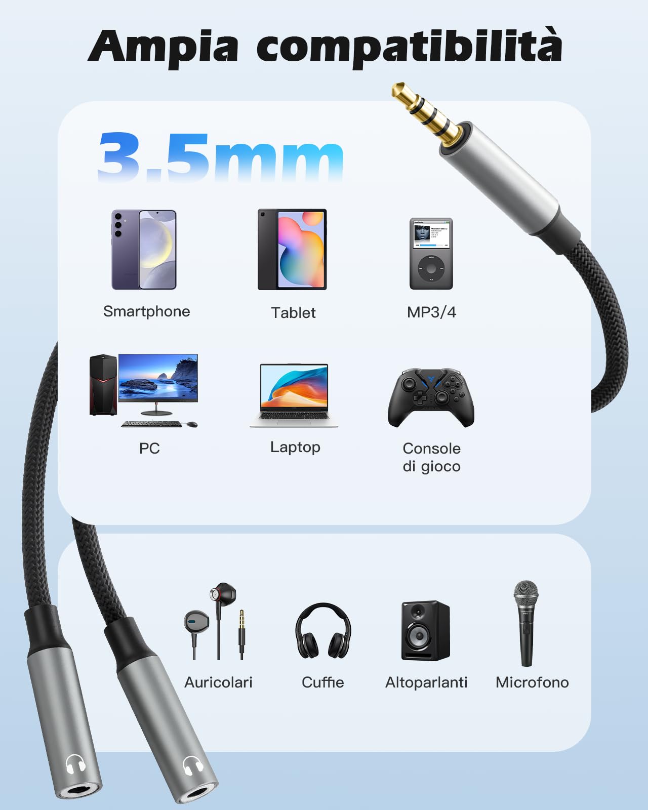 Lullu Sdoppiatore Cuffie, Adattatore Doppio Audio Splitter Jack 3,5 mm Aux DAC Hi-Res 24bit/96KHz Cavo per cuffie per Smartphone, Altoparlanti, PS4, Tablet, PC, MP3 MP4, Microfono