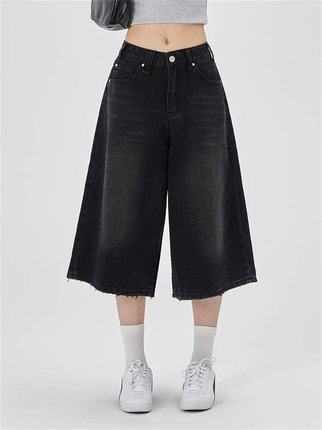Damskie luźne spodenki dżinsowe do streetwear retro sprane spodnie capri z szerokimi nogawkami luźne dżinsy do kolan