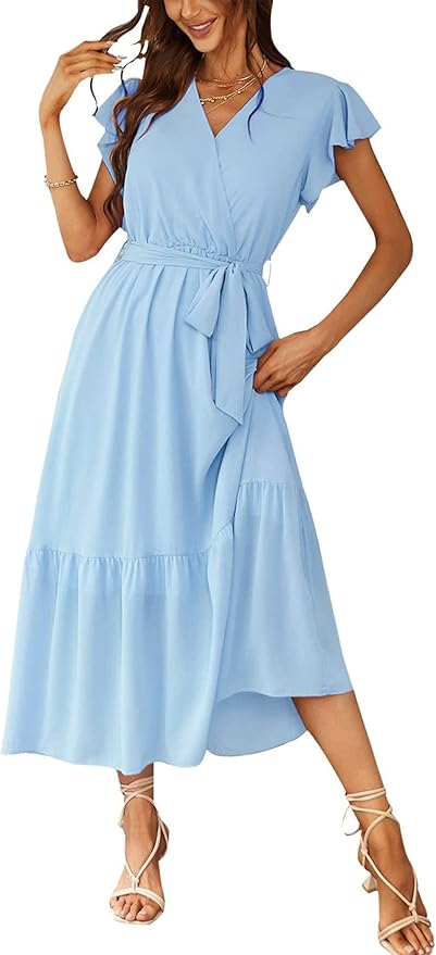 PRETTYGARDEN Women's Summer Floral Boho Maxi Dress Wrap Short Sleeve V Neck Ruffle A-Line Flowy Wedding Guest Long Dresses