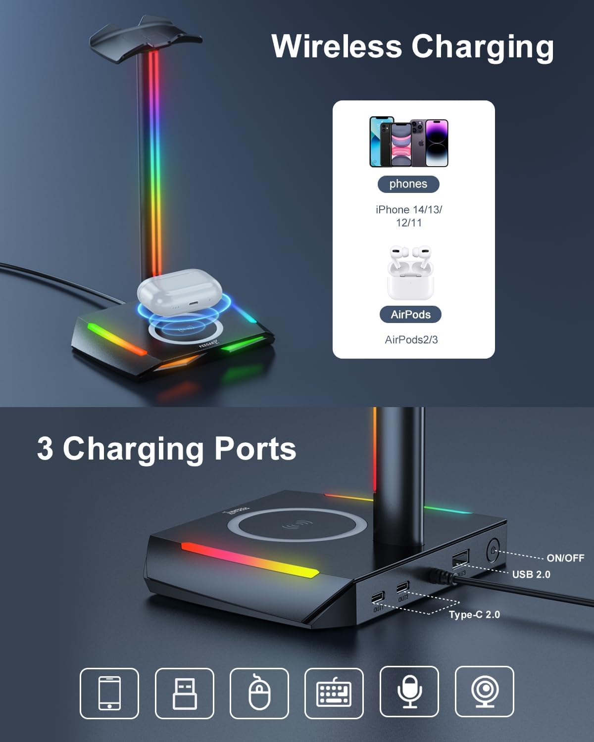 Feegar Hold RGB Kopfhörer Ständer mit Wireless Ladegerät,Gaming-Headset-ständer Headset Halterung Wireless Charge Kopfhörer Halter mit 1*USB 2*Typ-C 11 Lighting Effects Modes