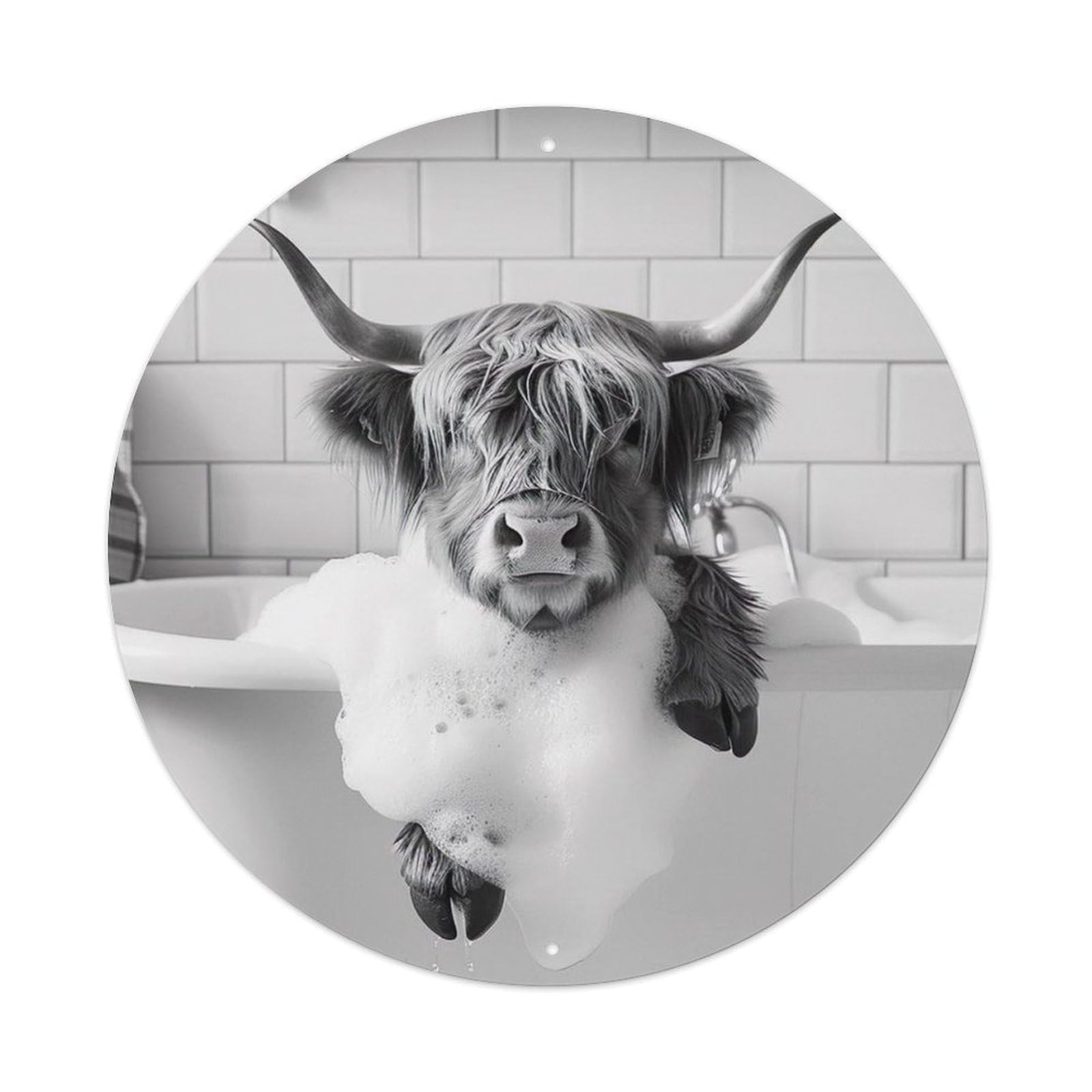 Bathtub Highland Cow Bathroom Humor Bubble Farmhouse Metal Tin Sign Plaque Wall Decor for Cafe, Man Cave, Club Bar, Office, Home Garden Round Metal Poster 8x8Inch