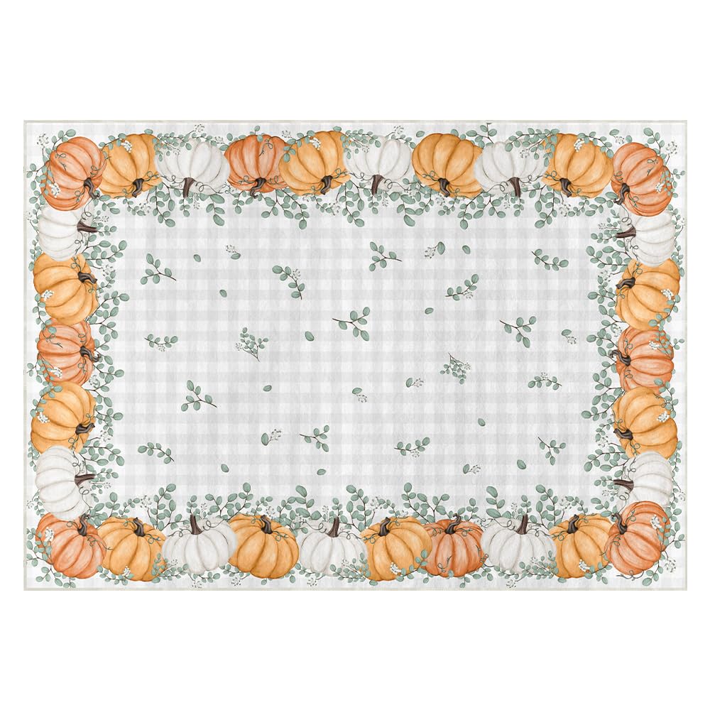 Artoid Mode Orange Pumpkins Eucalyptus Leaves Fall Area Rug, Autumn Thanksgiving Home Decor Low-Profile Washable Area Rugs for Entryway Bedroom Living