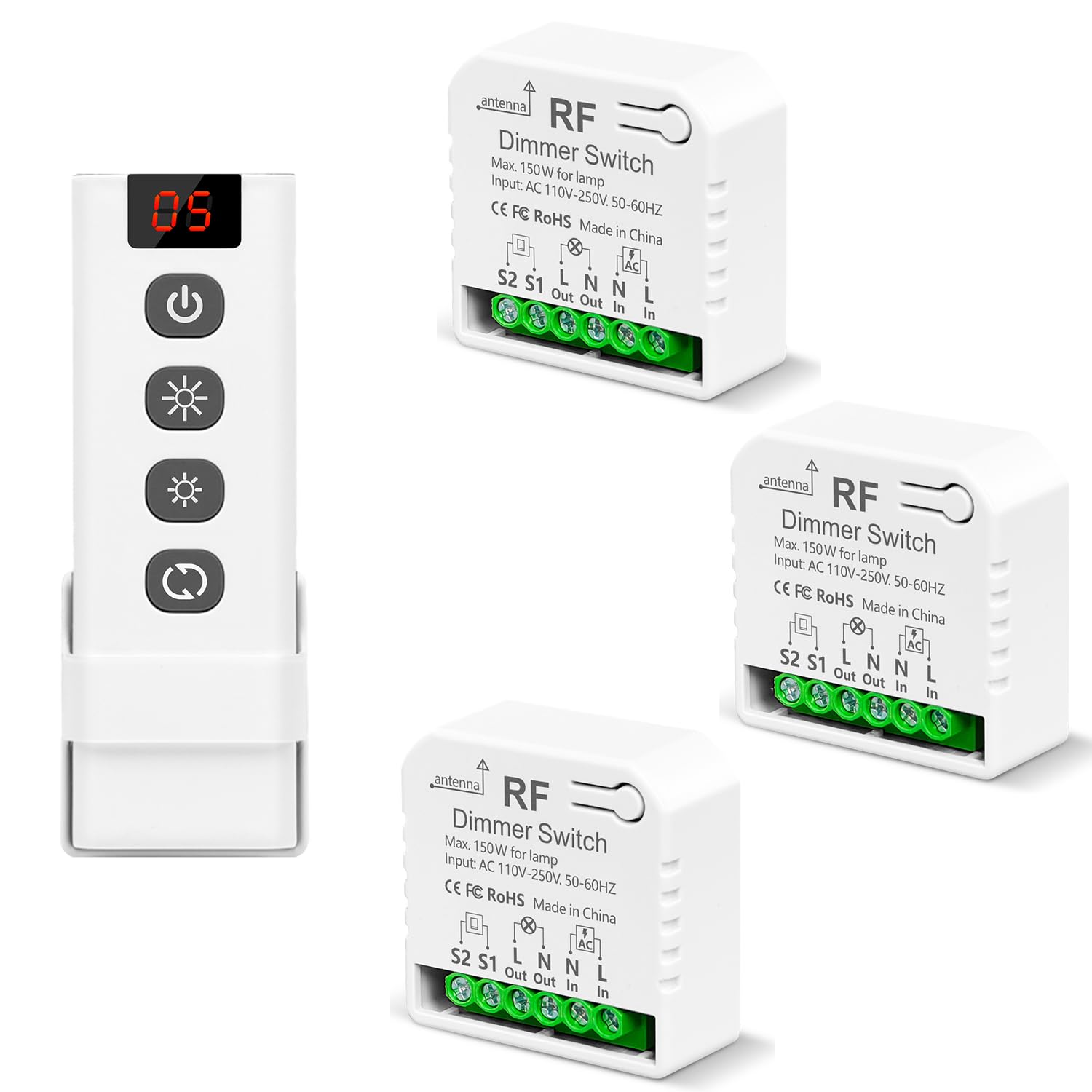 Interruptor De Luz Atenuador Inalambrico Con Controles Remotos, Tedeligo AC220V Control De Interruptor Regulable Para 10-150W LED Y Halógeno, Compatible Con Interruptores Atenuación (No necesita WIFI)