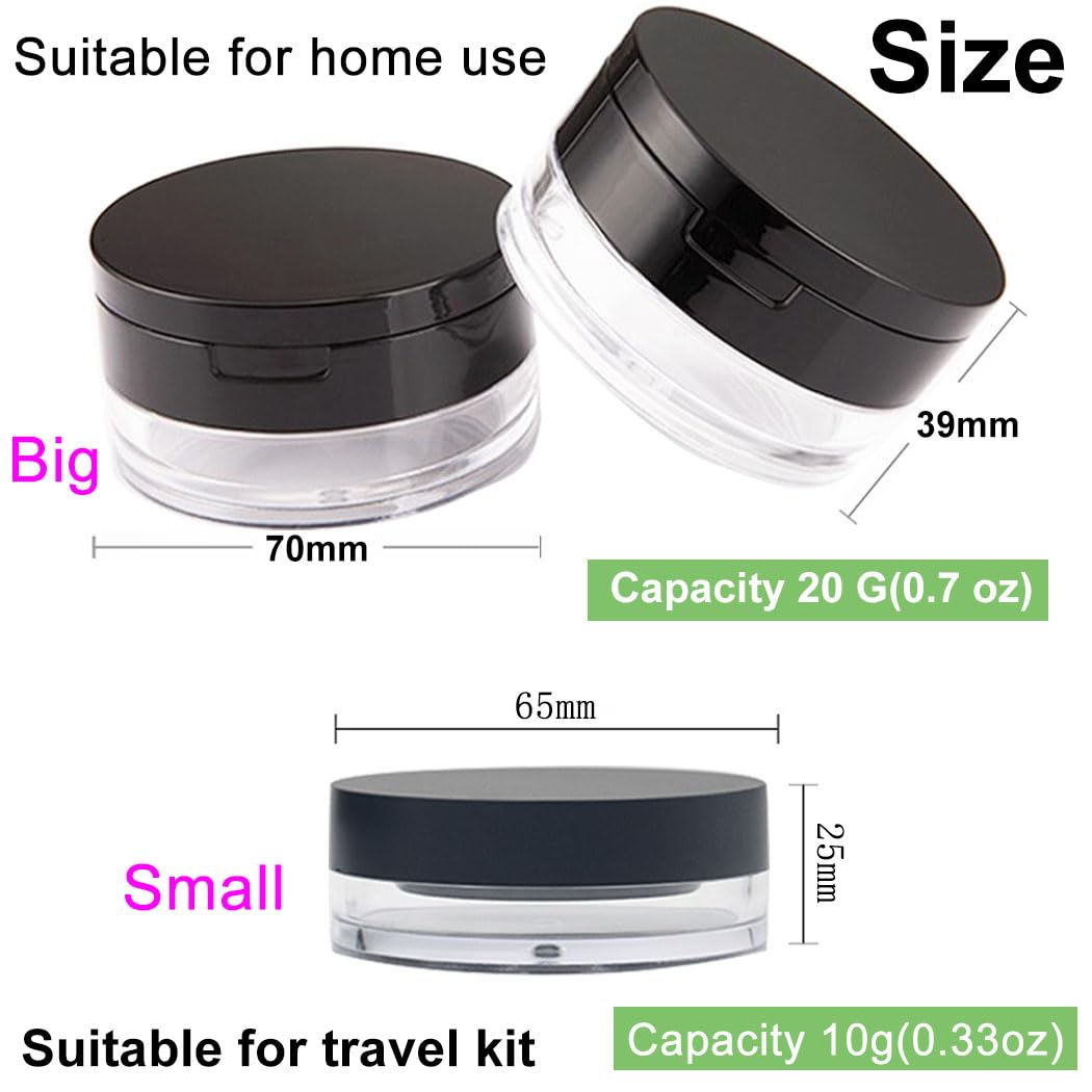 UARUOGP 1 Pcs 20g(0.7 oz) And 1 Pcs 10g(0.33 oz) No Leaks Empty Reusable Plastic Loose Powder Container,Sponge Powder Puff,Elasticated Net Sifter,DIY Foundation Makeup Tool (2 Cases)