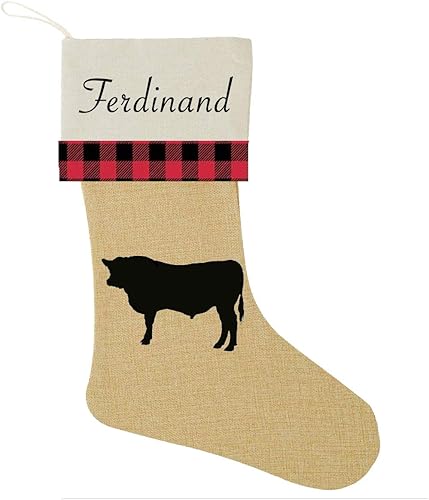 Angus Bull Cow Lover Farm Christmas Stocking Burlap With Personalization Decor Buffalo Plaid
