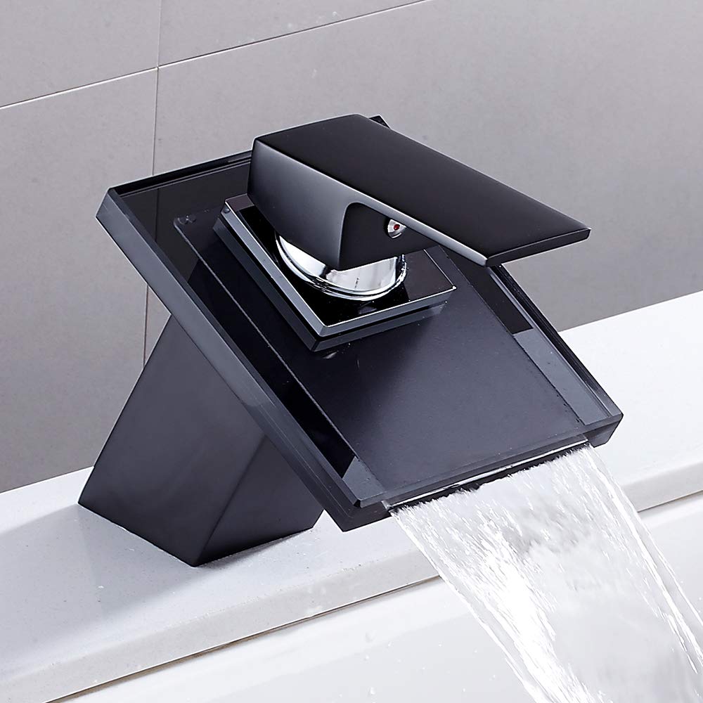 Cascada lavabo fregadero grifo cromado moderno baño palanca grifo vidrio sola manija lavabo grifo negro