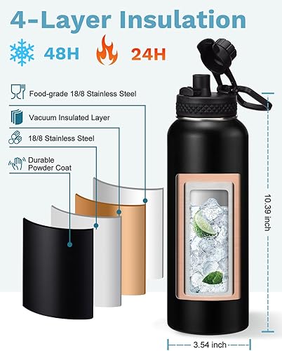Miniatura 5 de BENZZO Botella de agua aislada de 40 onzas Mantiene el frío 48 horas y caliente 24 horas, botella de agua de metal con popote y tapa de boquilla