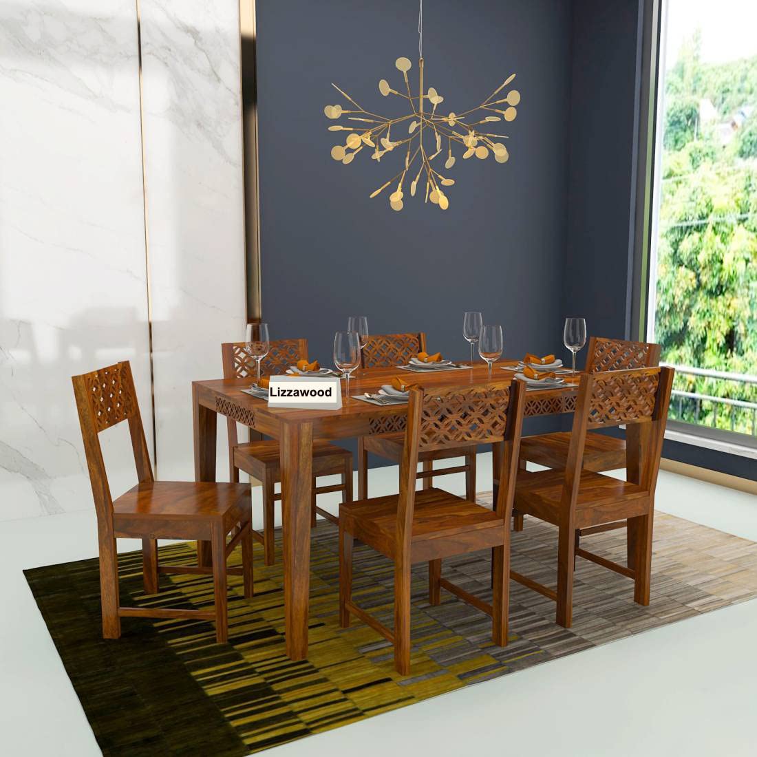 LIZZAWOODSolid Sheesham Wood 6 Seater Dining Table with 6 Chair for Living Room | Sheesham Wood Dining Set | Hotel Restaurant Dining Set | 6 Seater Dining Set (CNC Honey)
