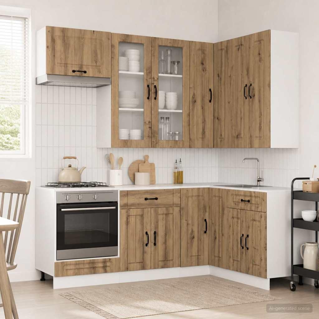 8-teilige Küchenzeile Kalmar, Moderne Einbauküche und Küchenschrank Set, Komplettküche aus robustem Holzwerkstoff für viel Stauraum, Artisan-Eiche Nachbildung