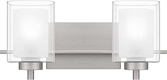 Quoizel Kolt Modern Vanity Lights, 2-Light, 18 Inch Brushed Nickel Bathroom Lighting Fixtures Over Mirror, Sandblasted Inner Glass, 100 W A19 Bulb, Wall Mount Light for Bathrooms, Kitchen or Hallway