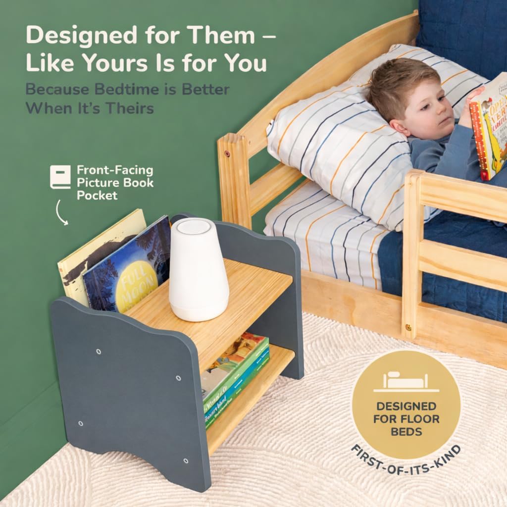 Ocodile Kids Nightstand for Floor Beds, Solid Wood Small Bedside Table with Book Pocket, Low Tiny Nightstand for Nursery, Toddler & Kids Room, Montessori Style Side Table - Gray