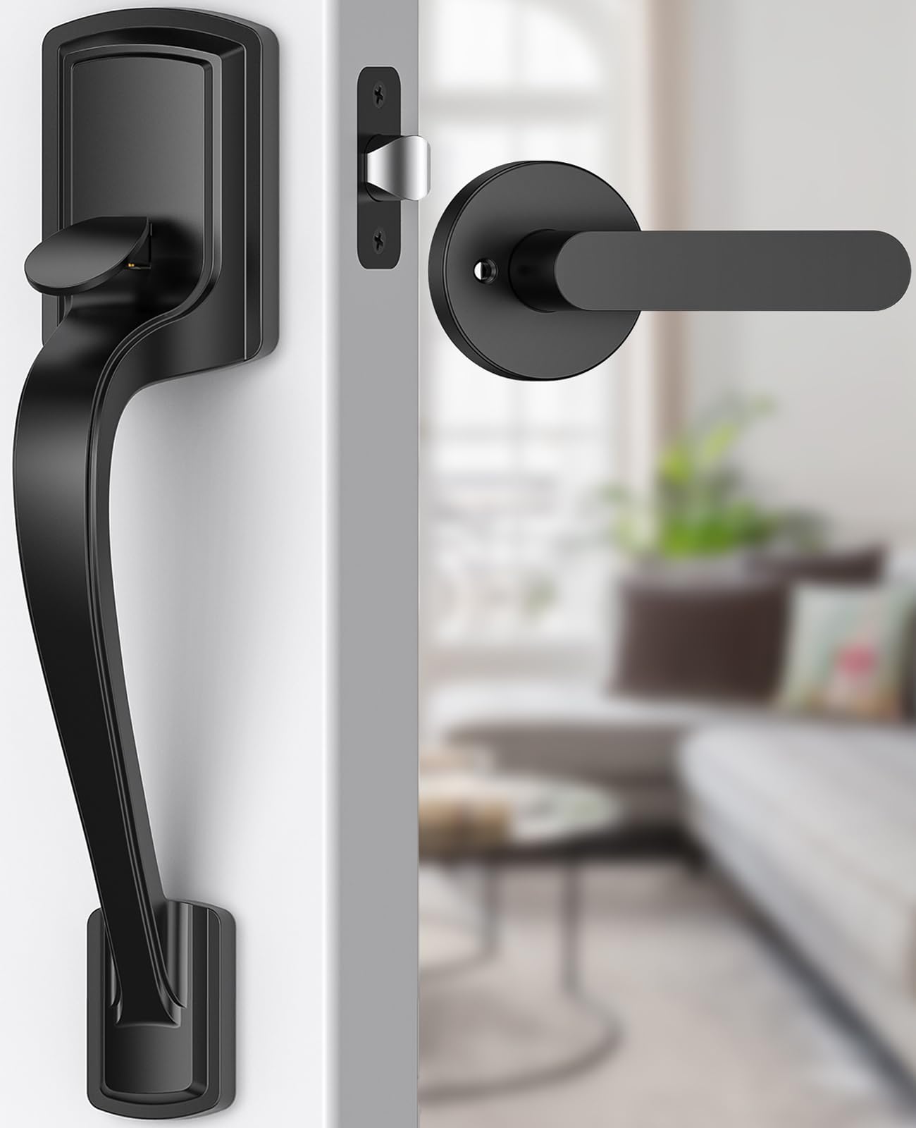 Black Front Door Handle No Lock, Heavy Duty Front Door Lock Set