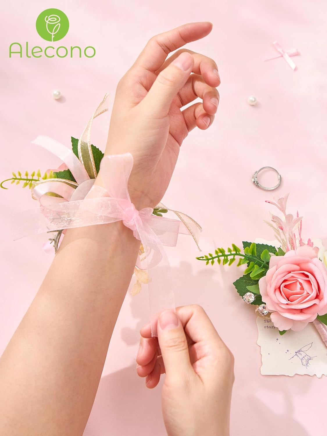 Alecono Pink Corsage and Boutonniere Set, Corsages for Bride Bridesmaid Groom Bridegroom, Artificial Flowers for Prom Graduation Ceremony Anniversary