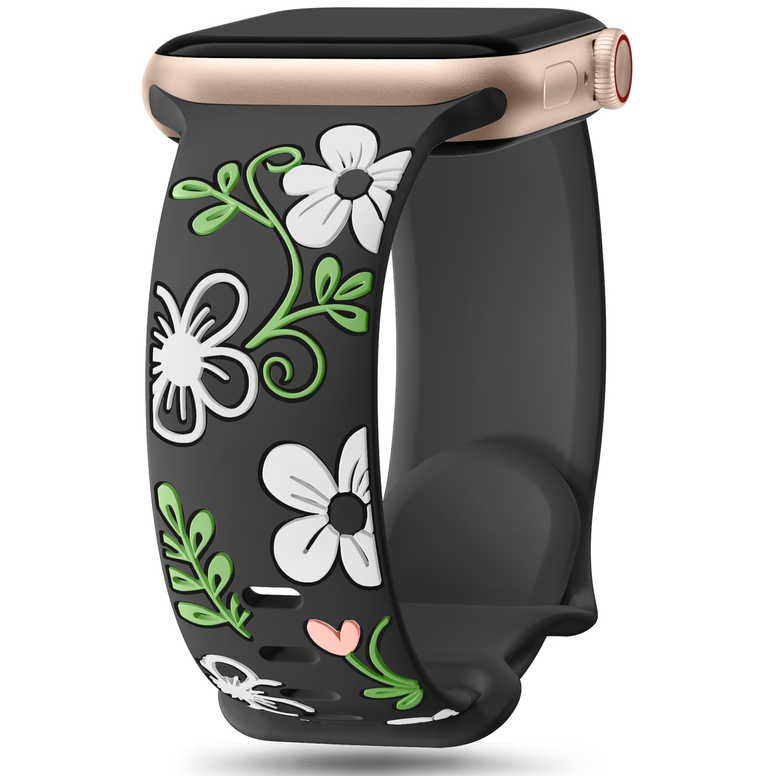Witzon Floral Band Compatible with Apple Watch Bands For Women 40mm 41mm 38mm 42mm 44mm 45mm 46mm 49mm, Engraved Cute Flower Silicone Dressy Strap for