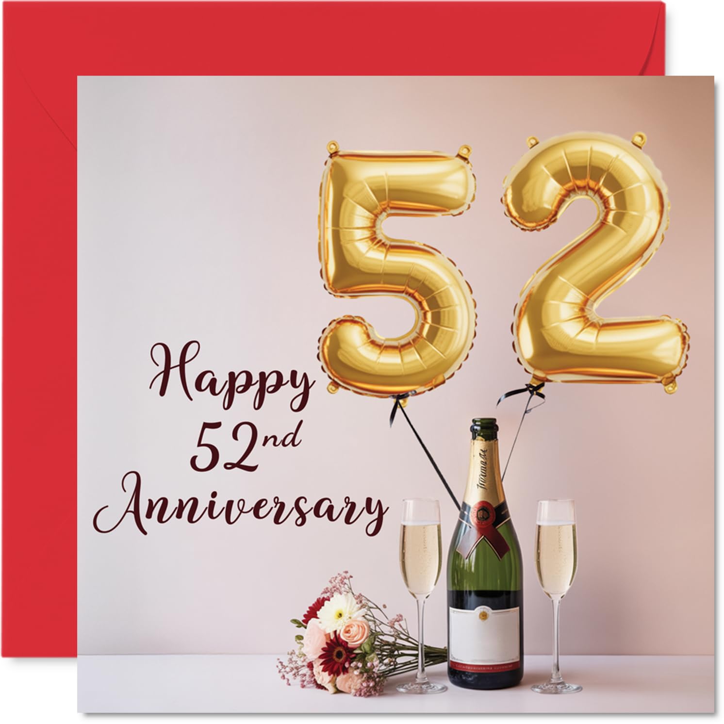 52nd Anniversary Card for Women and Men, Balloons & Bottle of Bubbly