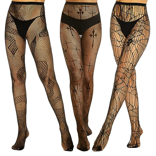 Yilanmy Fishnet Stockings for Women, Black Suspender Pantyhose Sexy Fishnets Halloween Tights 3 Pairs