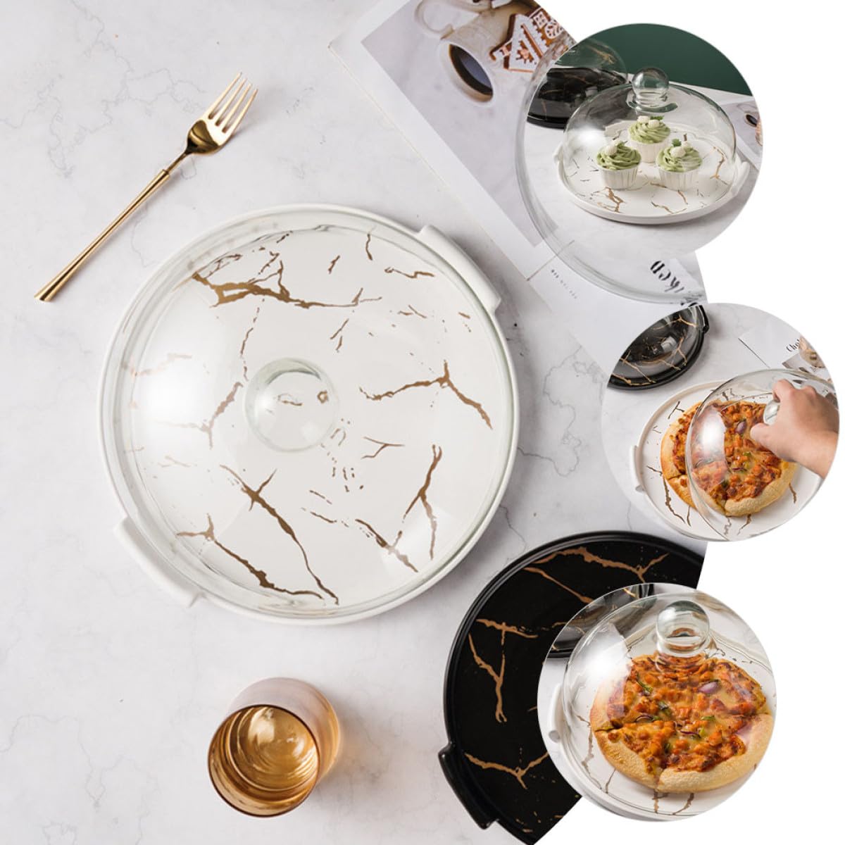 Ipetboom Alzata Dolci con Cupola in Ceramica Effetto Marmo Bianco | Ampia Capienza, per Negozi e Hotel, Conserva Caramelle e Frutta Secca, Mantiene Puliti i Dolci