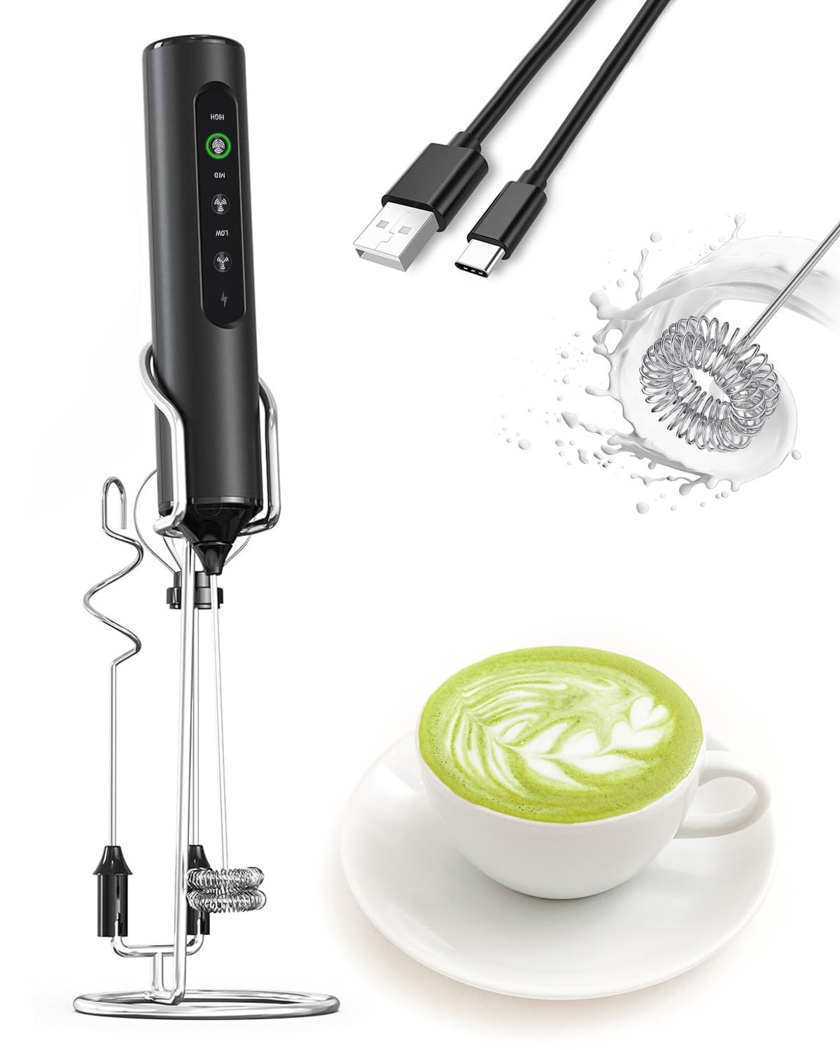 Milchaufschäumer Stab/Milchschäumer Elektrisch tragbarer mit Hoher Leistung Getränkemixer Kaffeebesen batteriebetriebener für Latte, Matcha-Tee, Cappuccino, Schwarz