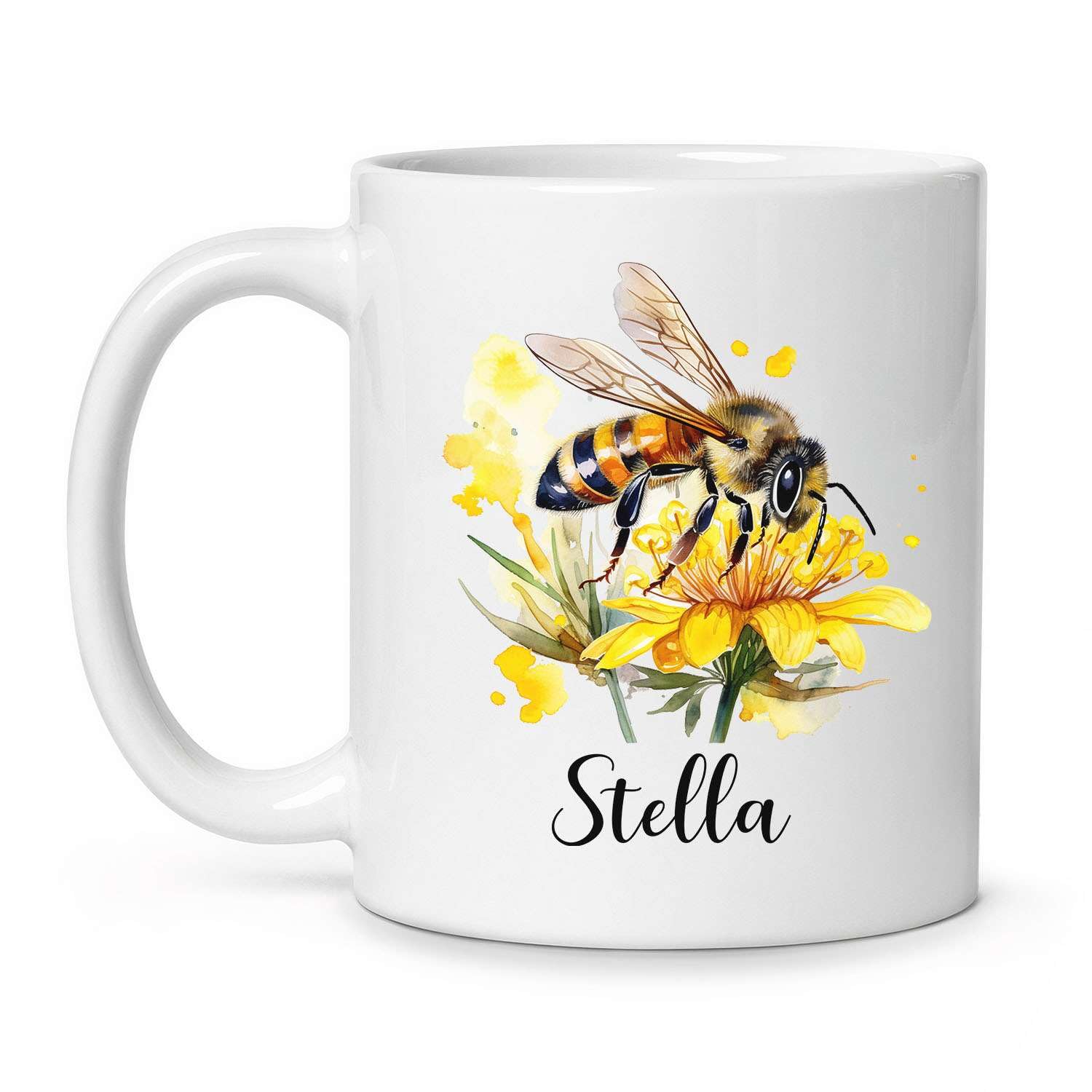 Personalized Honeybee White Ceramic Mug - Customized Name Bee Coffee Cup - Unique Floral Travel Cup Gift for Kids On Birthday - Custom Awesome Bee Lover Porcelain Tea Mugs Gifts