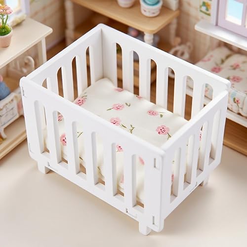 Cama de bebé de casa de muñecas 1:12, 1 juego de cuna de madera en miniatura con ropa de cama, modelo de cuna, mini cuna para muñecas, accesorios de