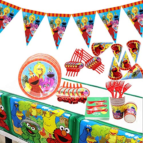 FANDE Sesame Street Party Supplies Set, 92 Pièces Fournitures de Fête Vaisselle Rue de Sesame, Assiettes et Serviettes Papier Jetable Cups, Tablecloth, Napkins, Banner, pour 10 Personnes