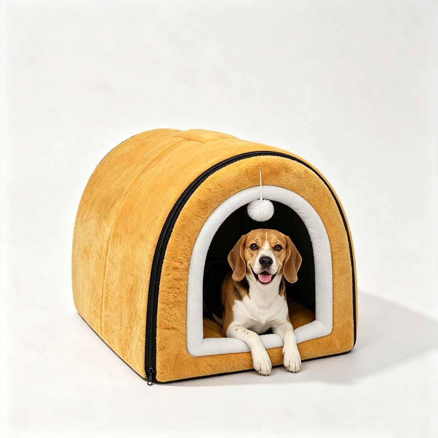 Dog Cave Bed Igloo, 2 In 1 Foldable Dog Bed House (M:45x32x35cm,Yellow)