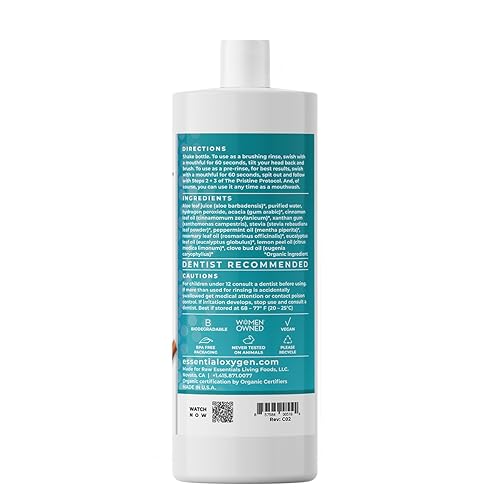 Miniatura 6 de Essential Oxygen BR enjuague bucal orgánico con certificación BR canela 32 onzas paquete de 1 enjuague bucal totalmente natural para dientes más