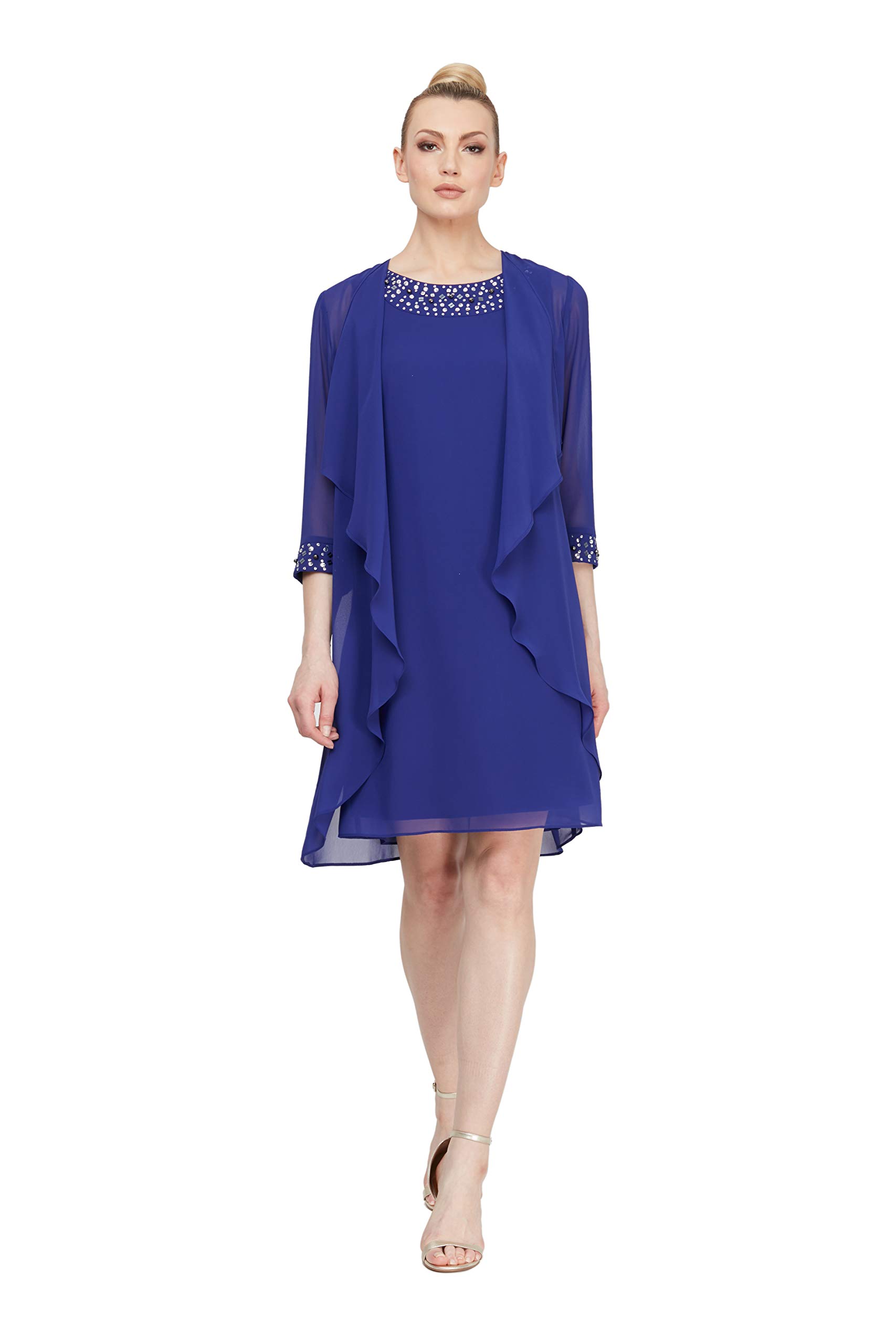 S.L. Fashions Women's Chiffon Tier Jacket Dress Sheer Sleeves With Bead