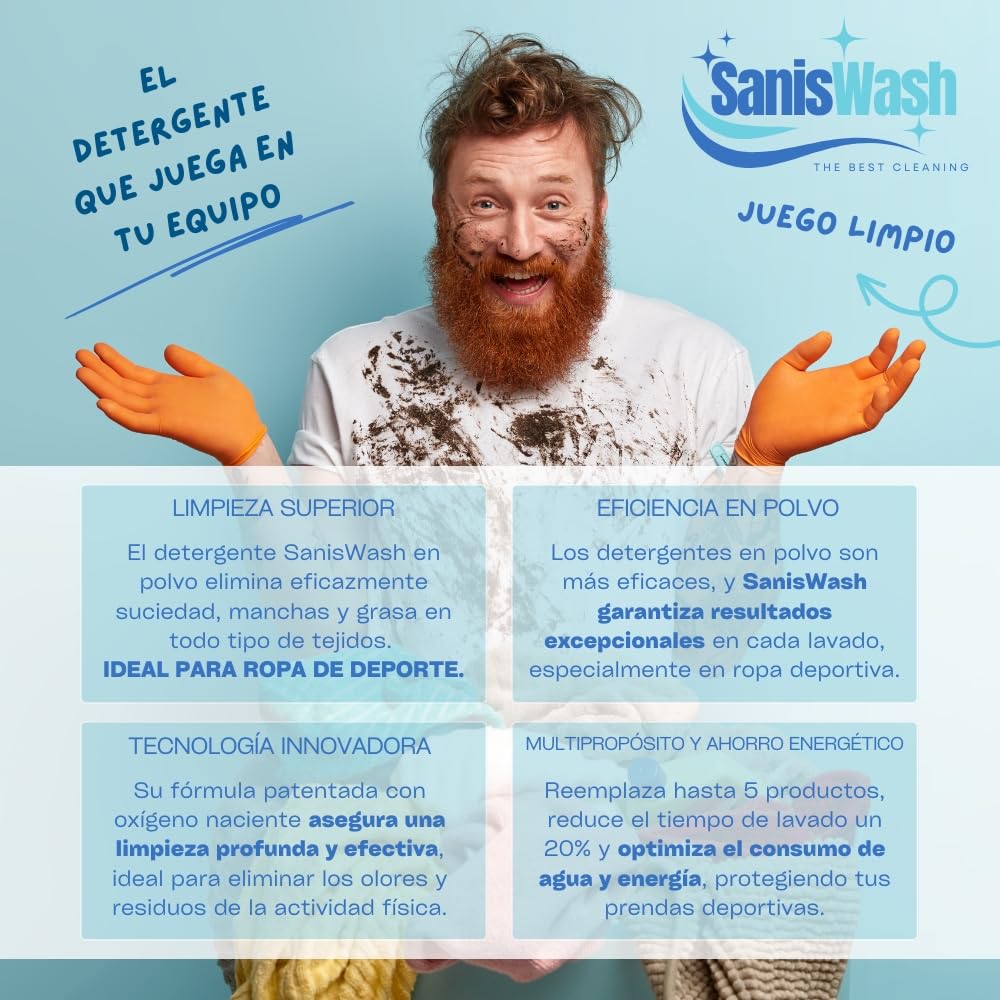 SanisWash, Detergente en Polvo con Oxígeno Activo, Detergente para Lavadora, Eficaz Incluso a 20º, Elimina el Olor en la Ropa Deportiva, Ropa Limpia y Fresca, 165 Lavados, 5Kg