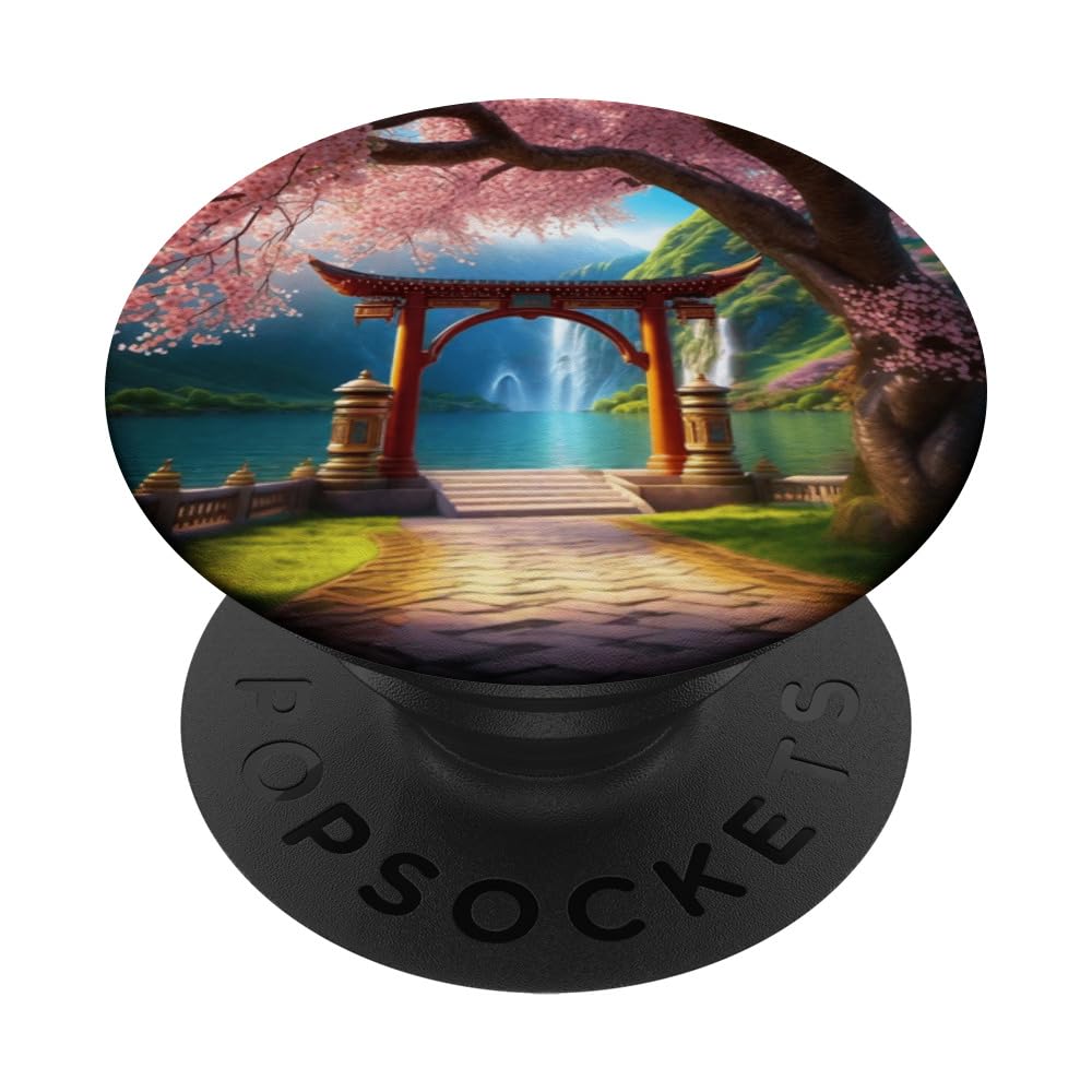 Mystical Cherry Blossoms Stone Arch Ethereal Fantasy Graphic PopSockets Swappable PopGrip, Black