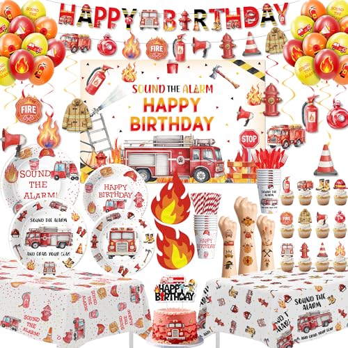 FVABO Firetruck Birthday Decorations Firefighter Party Decorations Fireman Birthday Plates and Napkins Set Cups Tablecloth Backdrop Banner Balloons Swirls Topper Tattoos Cutlery Serves 24