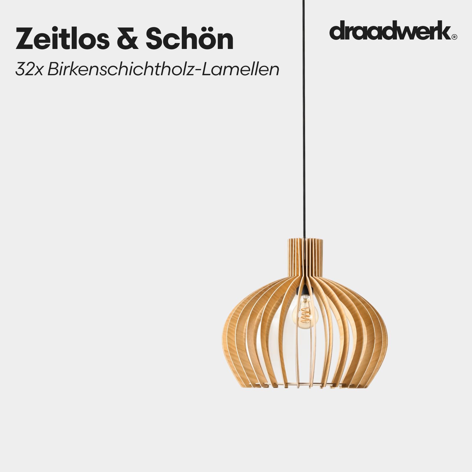 draadwerk Hängeleuchte aus Birken-Schichtholz, E27 Fassung, 1,8m Kabel, Holzlamellen Design