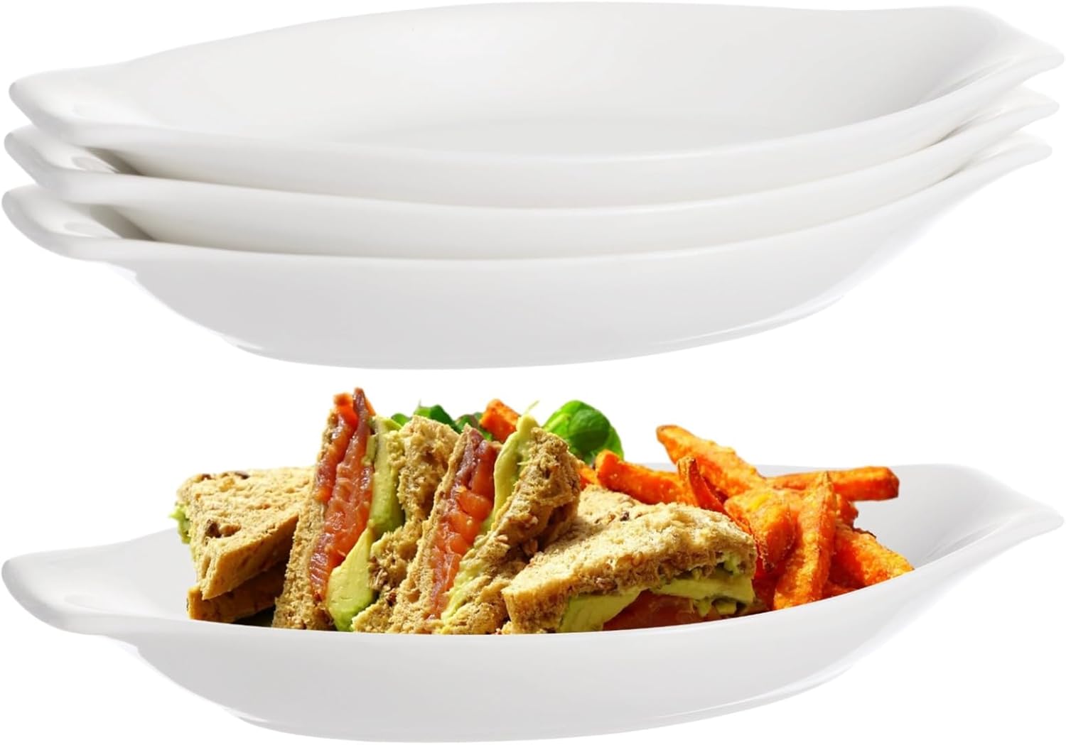 Four Pieces Oval Au Gratin Dishes, Ceramic Banana Split Dish Boats, Oval Serving Dishes 8 X 4 in, Safe Microwave Oven, Small Casserole Dish with Dual Handle, Stack & Clean Easily