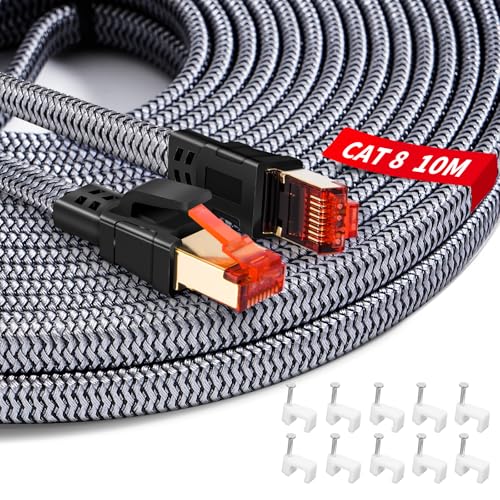 YIIFELL LAN Kabel 10Meter Cat 8 Netzwerkkabel, 40Gbps Ethernet Kabel 2000MHz S/FTP RJ45 Kabel Nylon Internetkabel Lankabel f&uuml;r Router, Switch, Modem, Laptop, PS5/PS4, Smart TV, Xbox