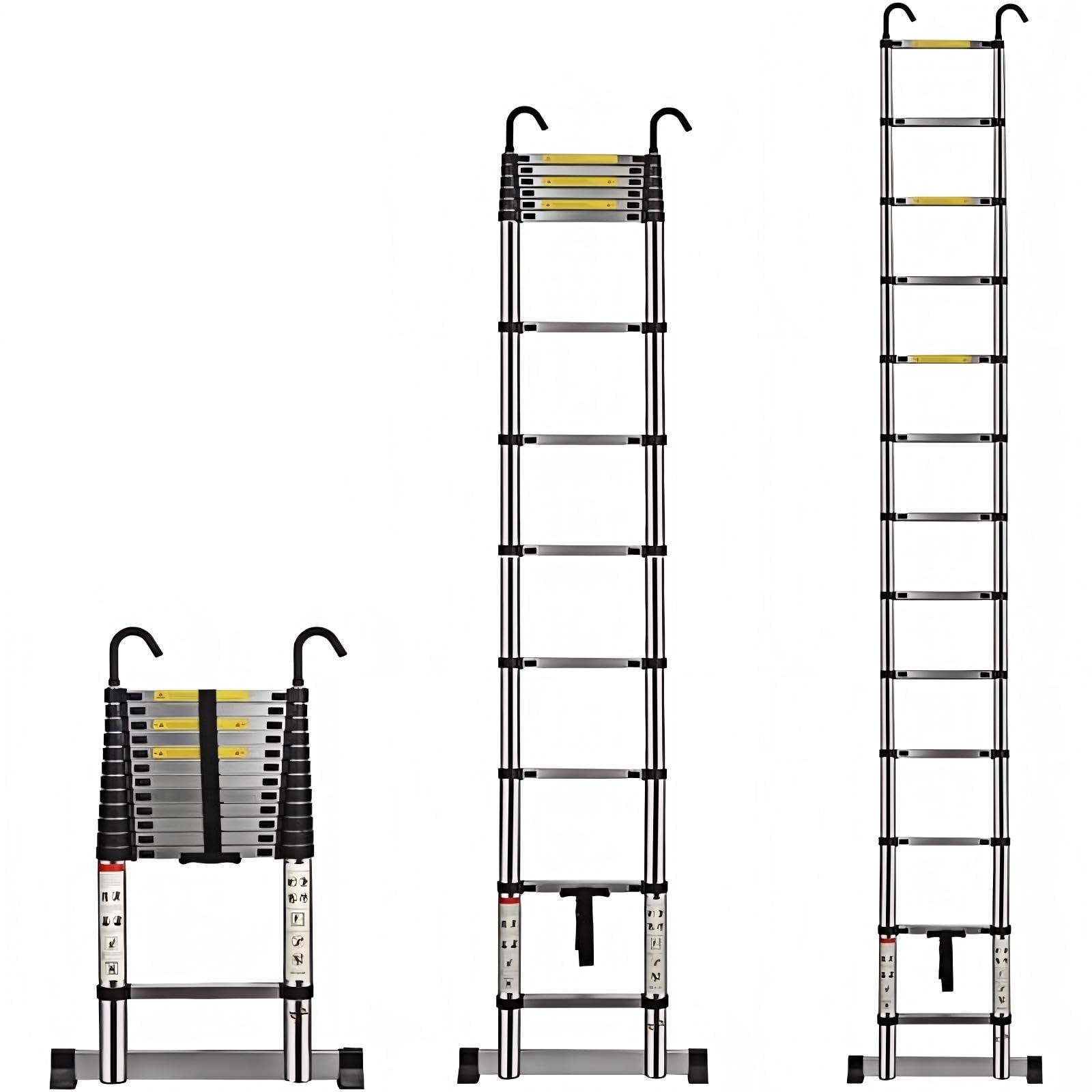 Multibao Telescopic Ladder 3.8M 12.5FT Aluminium Extension Loft Ladder with Stabilizer Bar and Detachable Hooks, Multi Purpose Extendable Portable Folding Ladders, EN131 (3.8M/12.5FT)