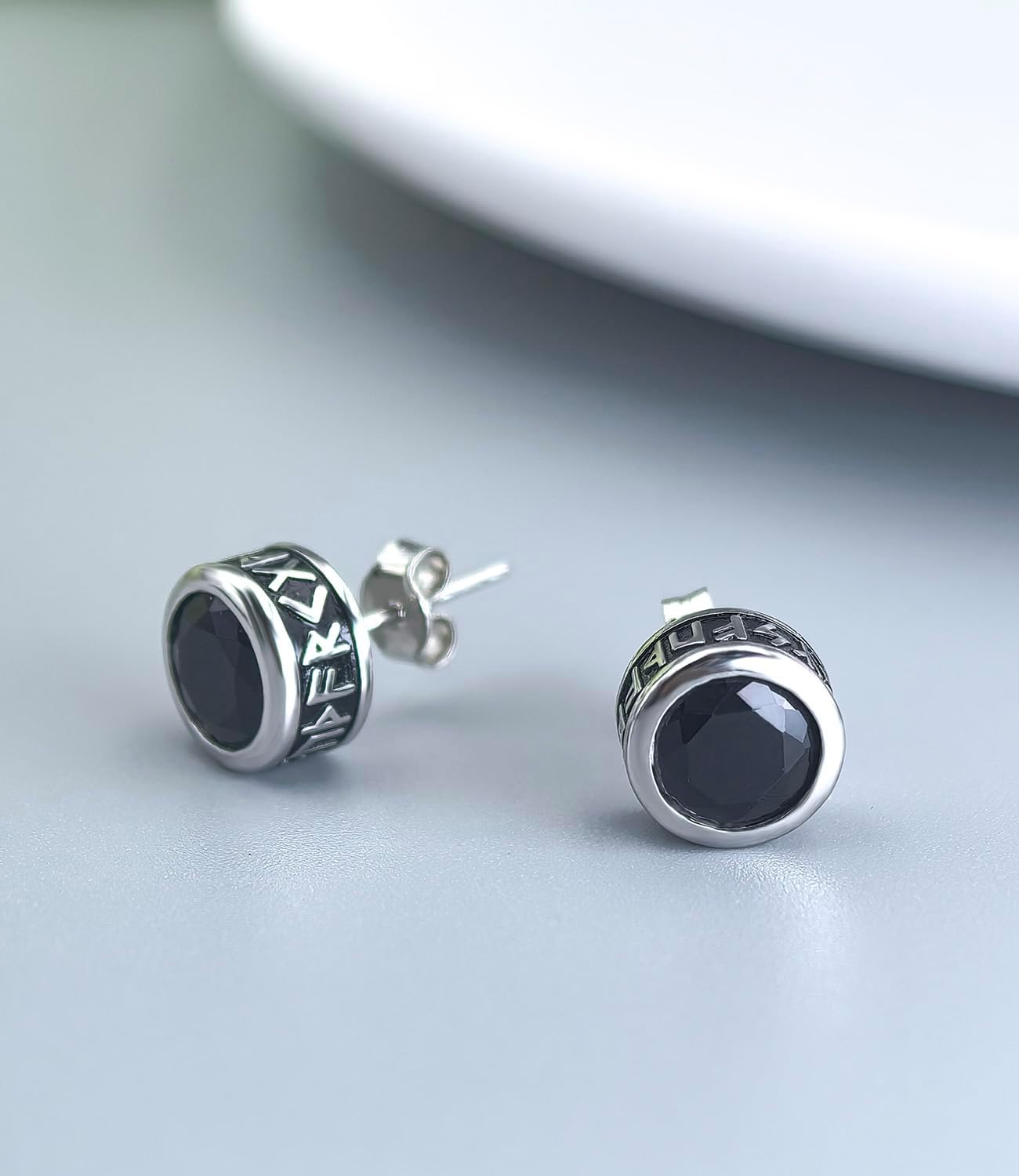 925 Sterling Silver Viking Rune Stud Earrings for Men Black Cubic Zirconia Stud Earrings Punk Gothic Jewelry for Men Women